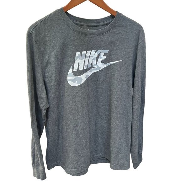 THE‎ Nike Tree Sweater Mens L Gray Long Sleeve Sweatshirt Nike Logo Camo … - Picture 1 of 4